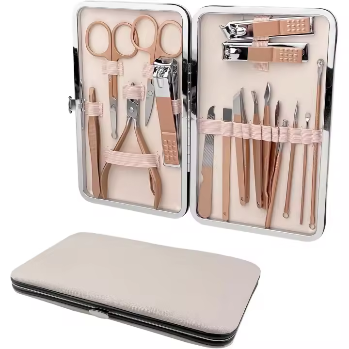 Manicura Kit Acero Inoxidable Oro Rosa, 18 piezas Manicura y Pedicura Set Cortaúñas Profesional con Bonita Caja Beige Cuero Damas y Hombres - 1