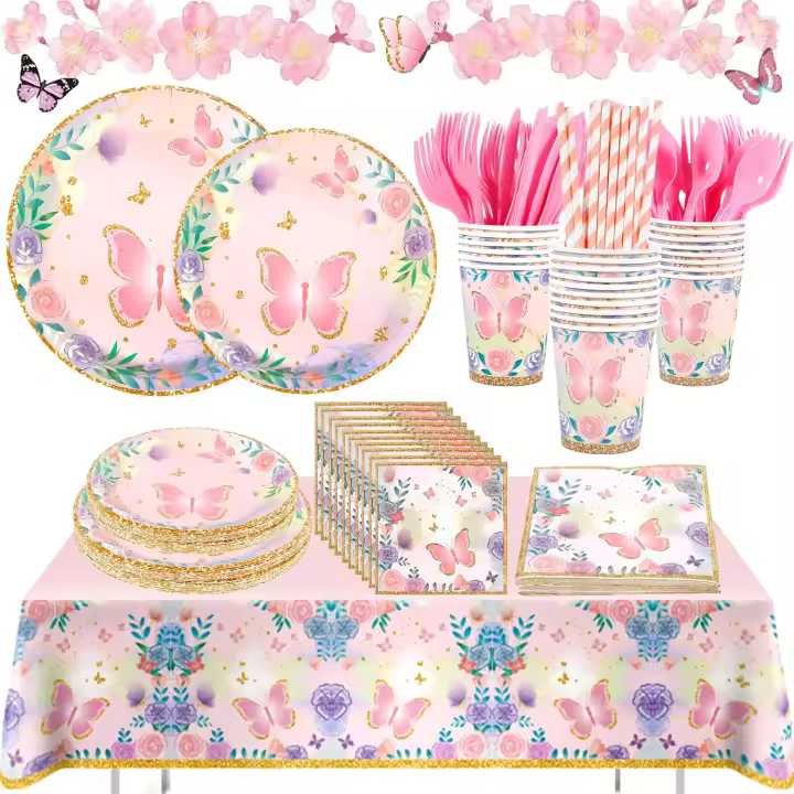193 Pcs Juego de Vajilla de Papel Mariposa, 24 Personas Vajilla Mariposa, Incluye Platos Vasos Servilletas Mantel - 1