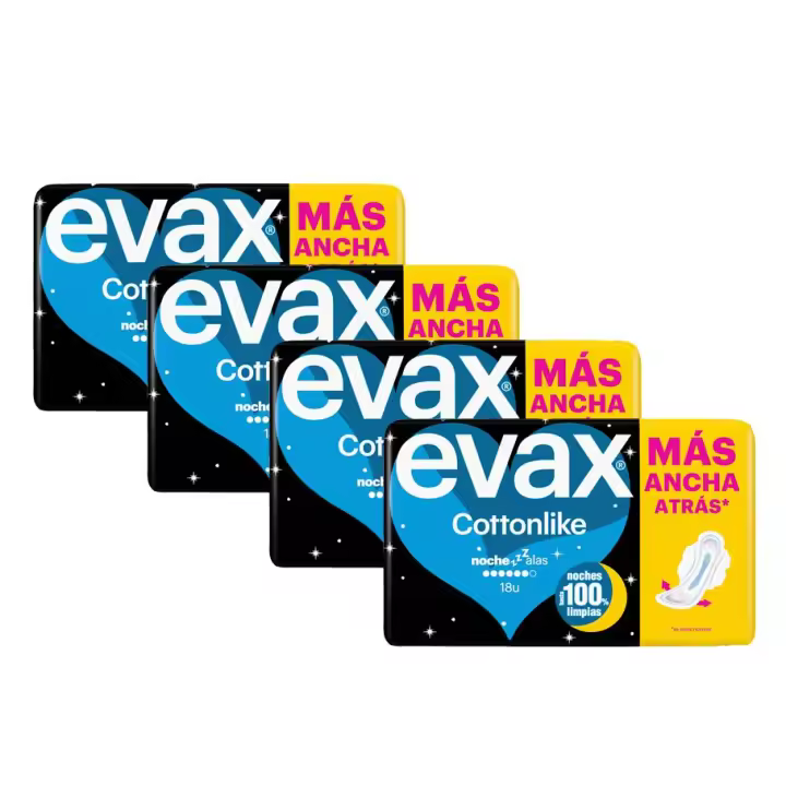 Evax Cottonlike Compresas Noche Parte trasera más ancha, en comparación con las compresas de día, que protege durante la noche, Elimina Olores Y Absorbe Al Instante, Hasta 100 % Limpia Y 0 % Olor, 4x18 Unidades, Con alas - 1
