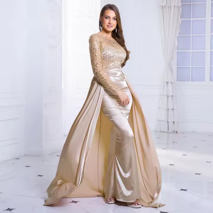 Vestido De Noche Largo De Mano En Satén Con Parches De Lentejuelas A-Line Hollow out Para Baile De Promoción Vestido Maxi De Faldas De Suelo - 1