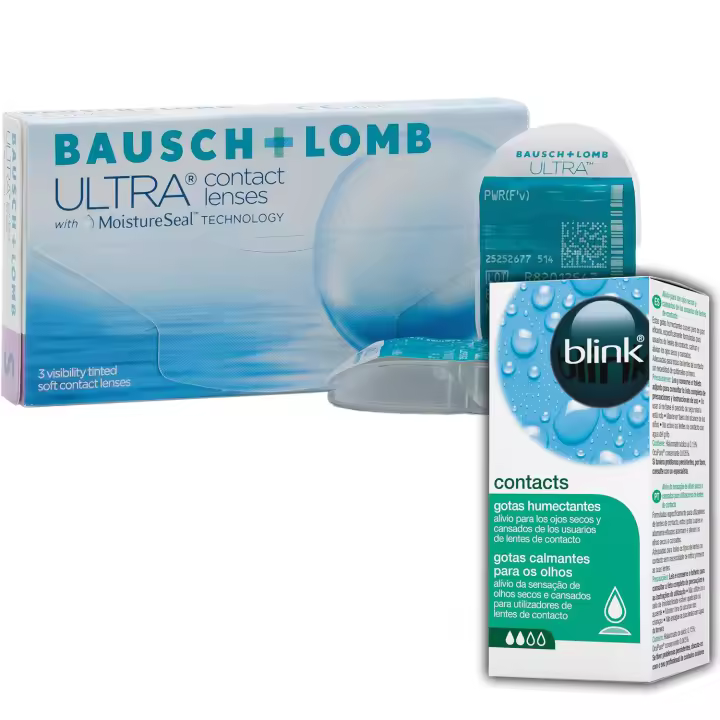 ULTRA Lentes de Contacto Mensuales – 6 Unidades + Blink Contacts Gotas Oculares 10 ml | Hidratación 16h | MoistureSeal | Alta Permeabilidad | Confort Prolongado | Alivio para Ojos Secos e Irritados | Hidratación y Refresco Inmediato - 1