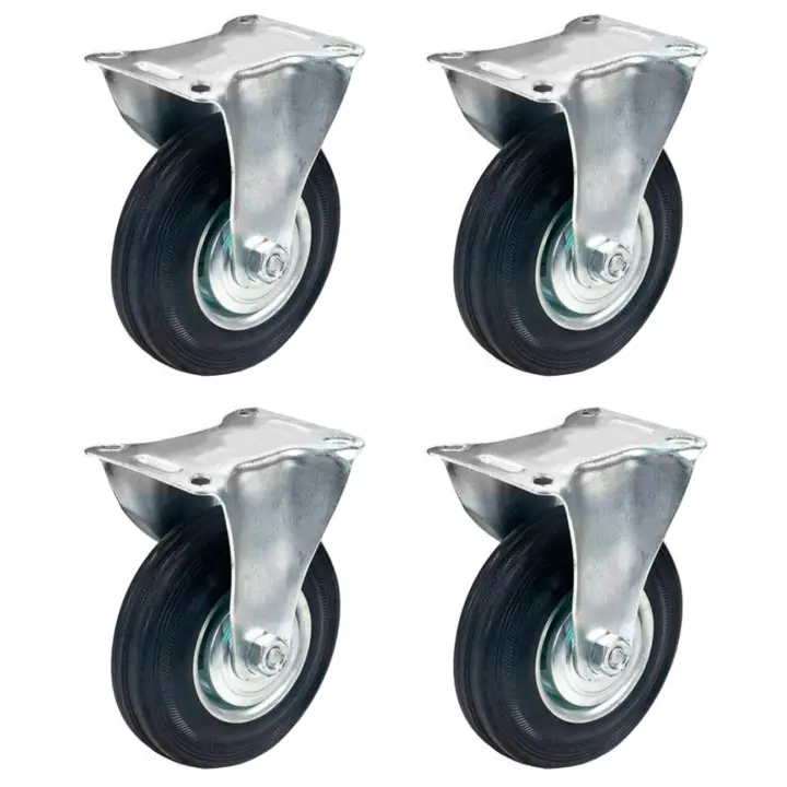 Tradineur - Pack de 4 ruedas fijas para muebles, goma y hierro, incluyen placa de montaje, rueda de transporte para cargas pesadas, industrial, peso máx. 50 kg, Ø 75 mm - 1