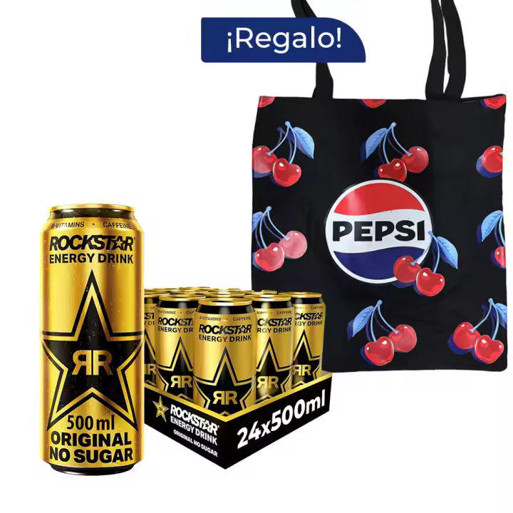 Pack Regalo Rockstar Original Zero 12 Latas x 500 ml + Tote Pepsi, Bebida Energética sin Azúcar, Burbuja Fina y Duradera, Bebida Carbonatada, Energy Drink con Cafeína, Vitaminas B, Guaraná y Taurina, Latas 100% Reciclabes - 1