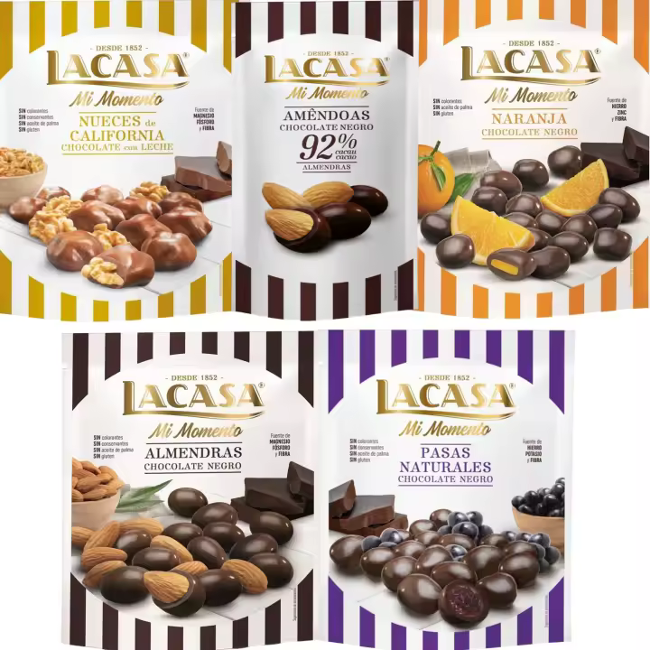 Lacasa Mi Momento pack de 5:Almendra 92% 65G,Nueces Leche 115G,Pasas choco Negro 150G,Almendra choco Negro 125G,Naranja choco Negro 125G - 1