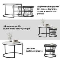 Set 2 Mesas Centro 70/45 cm Mármol Blanco Negro, Mesas Nido MDF Modernas - details 3