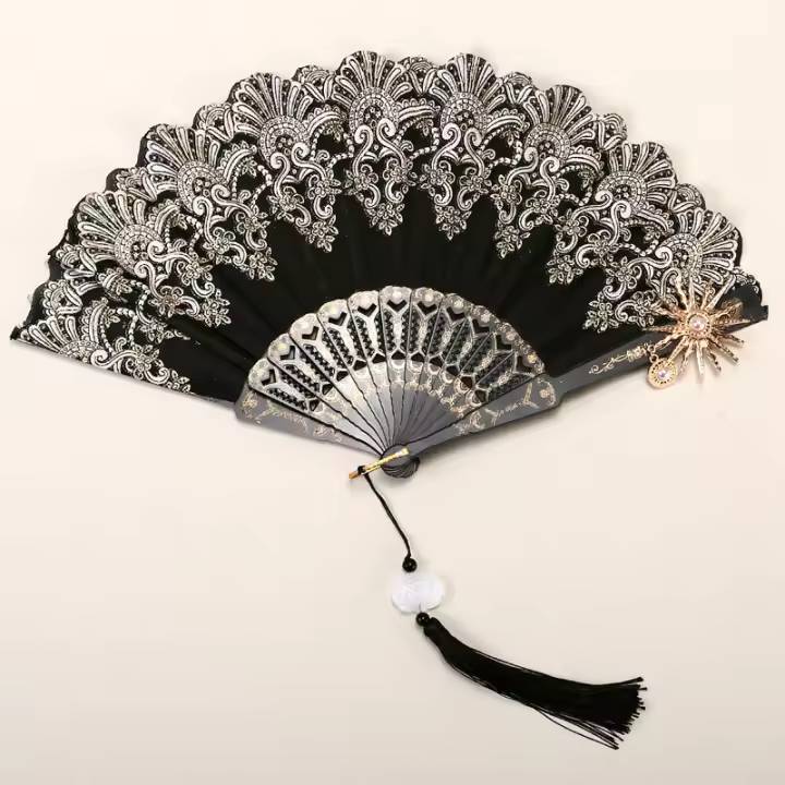 Abanico De Mano Lolita Gótico Victoriano Para Mujer Vintage Negro Blanco Rojo Rosa De Bambú Para Cosplay Fiestas De Halloween - 1