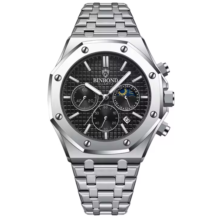 Reloj De Cuarzo Para Hombre BINBOND Marca Luminoso Chronógrafo De Acero Inoxidable Impermeable Con Fecha Y Calendario - 1