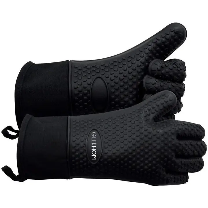 Guantes para barbacoa, resistentes al calor, de silicona, impermeables, antideslizantes, para cocinar y hornear (negros) - 1