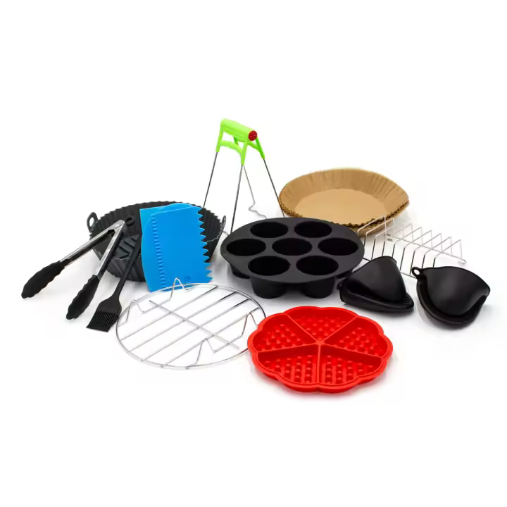 Accesorios freidora de Aire, Compatible con Air Fryer, Philips, Ninja, Cloen, Cosori, Moulinex, Tefal, Cecotec. Incluye 13 Accesorios, Bandeja de Silicone, Pinzas, 100 Piezas de Papel y Mucho más. - 1