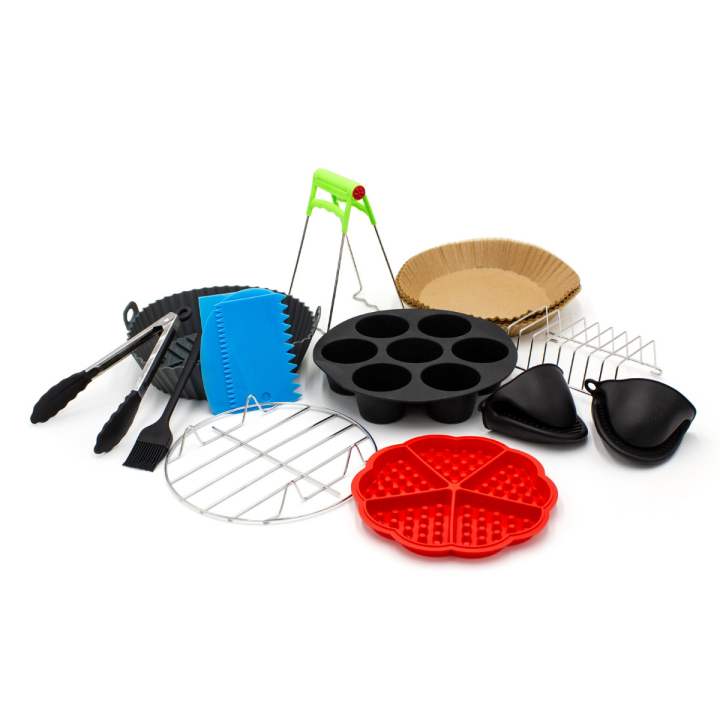 Accesorios freidora de Aire, Compatible con Air Fryer, Philips, Ninja, Cloen, Cosori, Moulinex, Tefal, Cecotec. Incluye 13 Accesorios, Bandeja de Silicone, Pinzas, 100 Piezas de Papel y Mucho más.