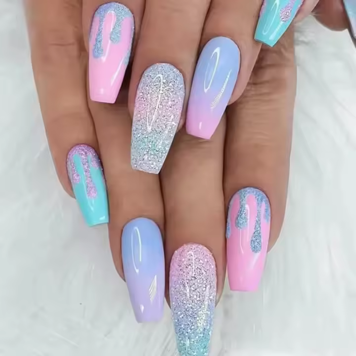 24 uñas postizas largas type ataúd con borde negro Brillante y Lasso, Uñas postizas extraíbles con pegamento, cobertura total, accesorios para decoración de uñas para Mujer. - 1