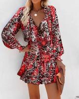 Vestido Mini De Mujer Primavera Moda Con Estampado Floral Manga Larga Cuello V Estilo Casual Vestido De Manga Farol Con Volantes Cintura Ajustada - details 2