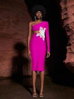 Vestido Bandage De Mujer De Largo Con Manga One Shoulder Decoración Floral Sexy Para Fiesta Y Noche Corte Midi Con Hueco - details 6