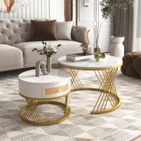 Mesa de Centro Redonda 2 en 1 de MDF con tapa de mármol y Mesa Auxiliar Con Cajones de plástico, Tiradores de Madera maciza. Pata de Hierro Dorado. 70*70*45,5 + 50*50*38,5 cm - details 2