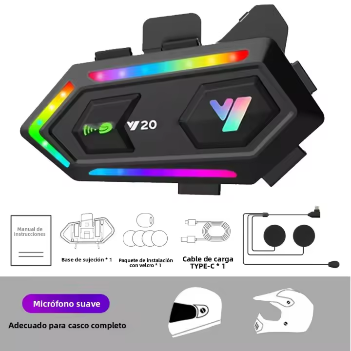 Auriculares Bluetooth Para Casco De Motocicleta Y20 V5.3 16 Modos RGB Luzes Coloridas Impermeables IPX6 Compatible Con Todos Los Tipos De Casco - 1