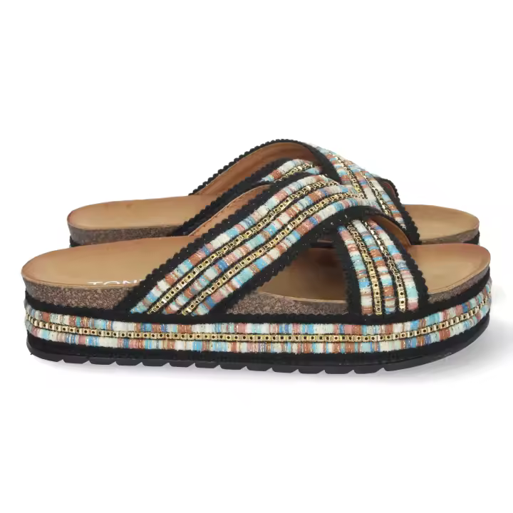 Davinia Shoes Sandalia Plana para Mujer, con Planta Bio, Bordado Multicolor, y Palas Cruzadas, Primavera Verano 2022 Shoes&Blues.es BL22-1-Negro - 1