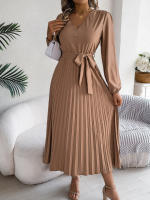 Vestido Elegante De Mujer Con Botones Y Cuello En V Manga Larga Plegado Con Cierre De Lazo Estilo Casual A-Line Para Primavera/Otoño - details 7