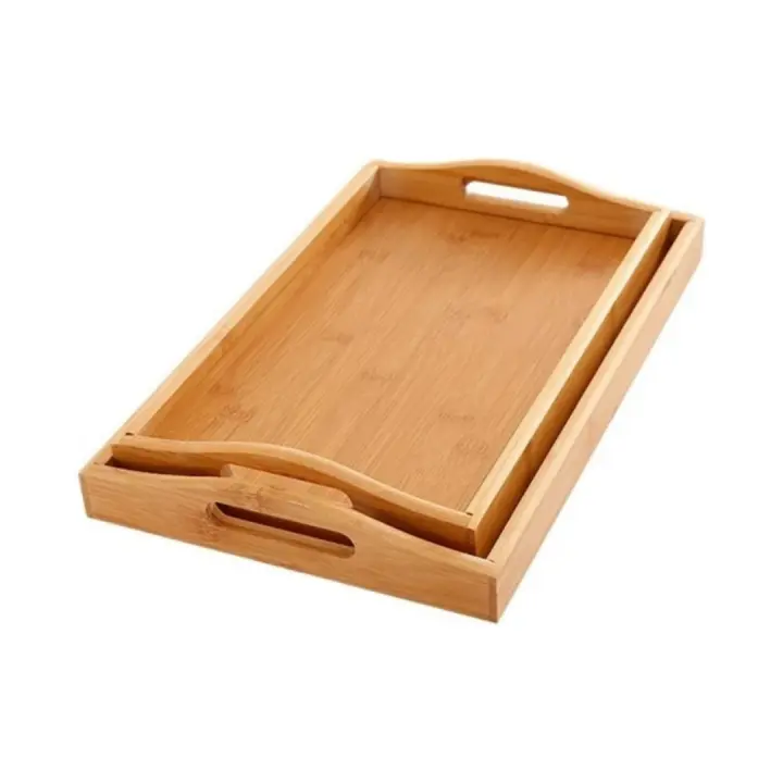 X-Juego de 2 Bandejas de Bambú Apilables Para Servir Con Asas, Bandejas De Madera Portátiles Para Desayuno, Comida, Café, Aperitivos o Decoración, Bandejas Resistentes y Elegantes Para El Hogar, Cocina o Uso Diario - 1