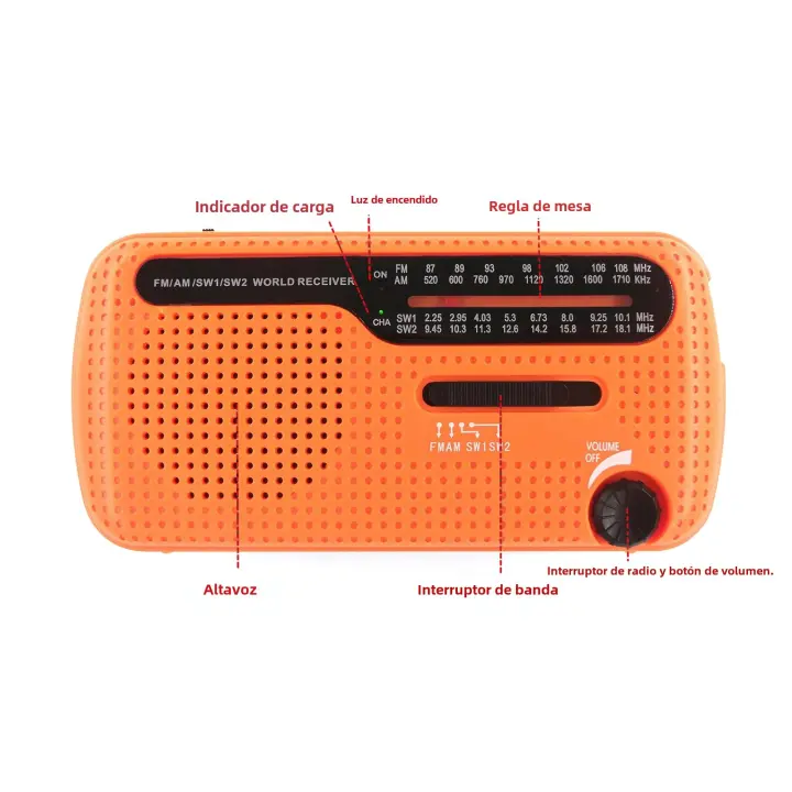 Radio De Emergencia Con Manivela Y Solar Capacidad De Recarga 1200mAh Portátil Con Power Bank LED Flashlight AM / FM / SW1 / SW2 World Band - 1