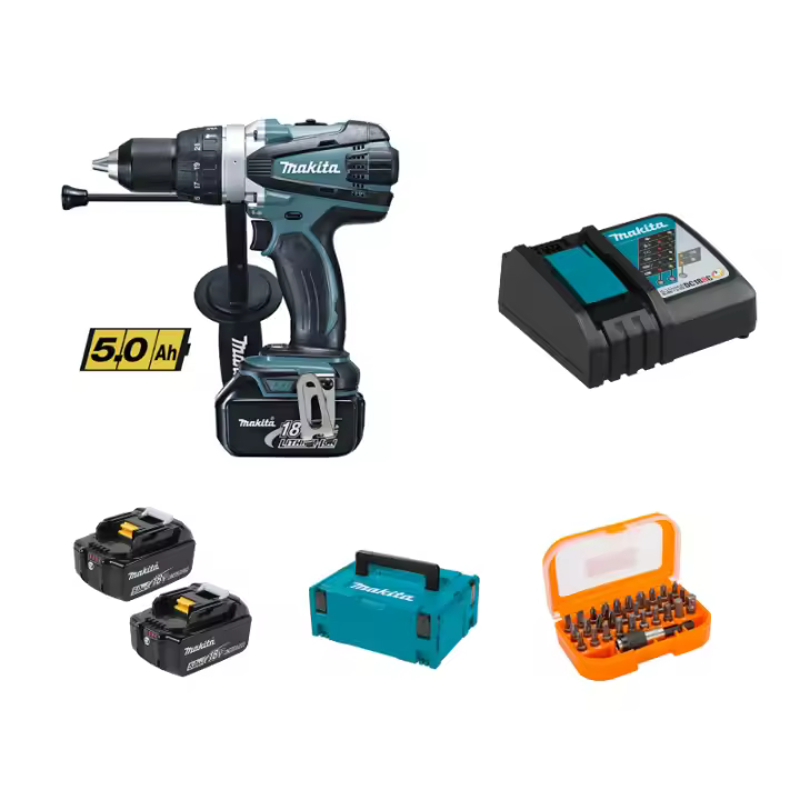 MAKITA - Taladro Combinado MAKITA DHP458RTJ 18V 91Nm + 2 Baterías 5.0Ah + Juego Puntas + Adaptador 18V + Puntas y maletín - 1