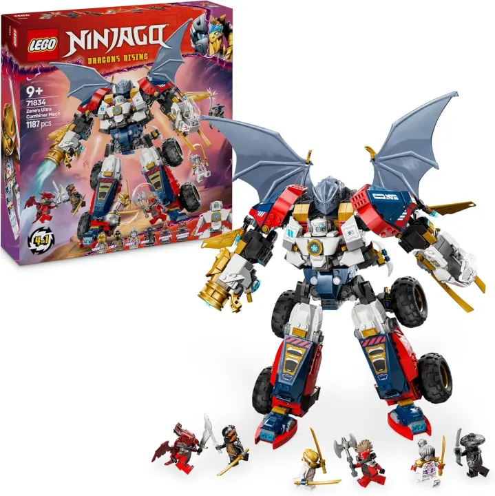 LEGO Ninjago Meca Ultra Combo de Zane Set de Construcción “4 en 1” con Coche de Juguete, Avión Jet y Figura de Dragón, Juego Ninja con 6 Minifiguras, Regalo para Niños y Niñas de 9 Años o Más (71834) - 1