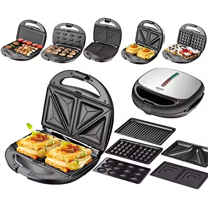Adler 5 en 1 Sandwichera de Hierro Gofrera Barbacoa de Contacto Eléctrica Multigrill Nussbäcker Zaubernuss Oreschki 1200 W 5 Placas Intercambiables Carcasa de Acero Inoxidable - 1