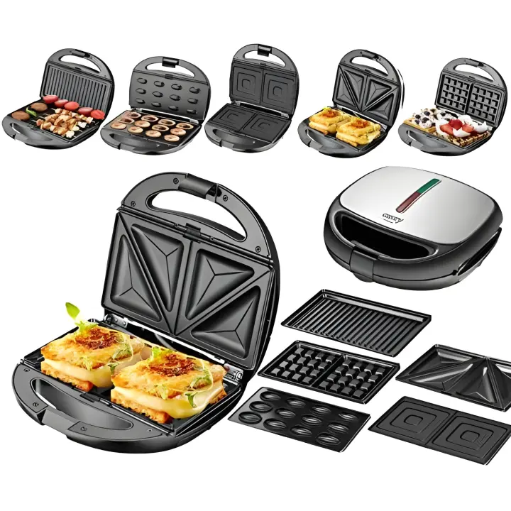 Adler 5 en 1 Sandwichera de Hierro Gofrera Barbacoa de Contacto Eléctrica Multigrill Nussbäcker Zaubernuss Oreschki 1200 W 5 Placas Intercambiables Carcasa de Acero Inoxidable - 1