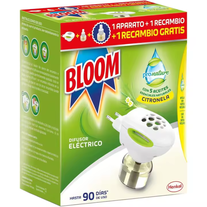 Bloom ProNature Eléctrico Líquido (1 aparato + 2 recambios), ambientador eléctrico, repelente antimosquitos, fórmula con aceites esenciales, 90 días de uso - 1