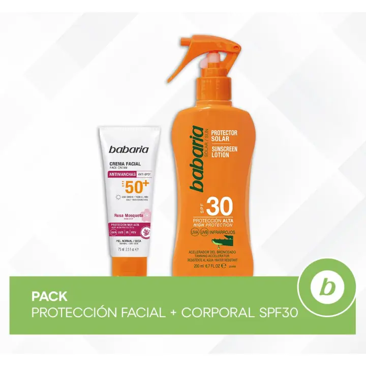 Babaria Pack Protección Facial + Corporal SPF30: Spray Protector Solar y Crema Facial Solar Antimanchas para Cuidado, Hidratación y Prevención de Manchas - 1