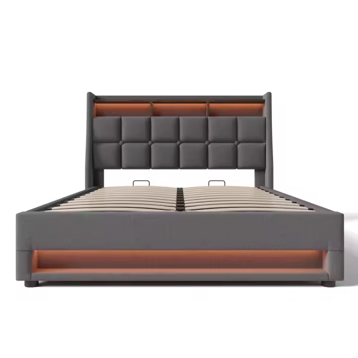 Cama tapizada con USB 140x200 cm, Cama Doble LED con somier de metal, somier Juvenil de Material de Lino (con colchón) - 1