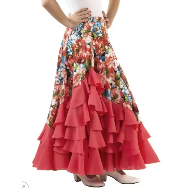 ANUKA Falda Flamenca Mujer Vuelo 5 Volantes Cascada Flores Fucsia - 1