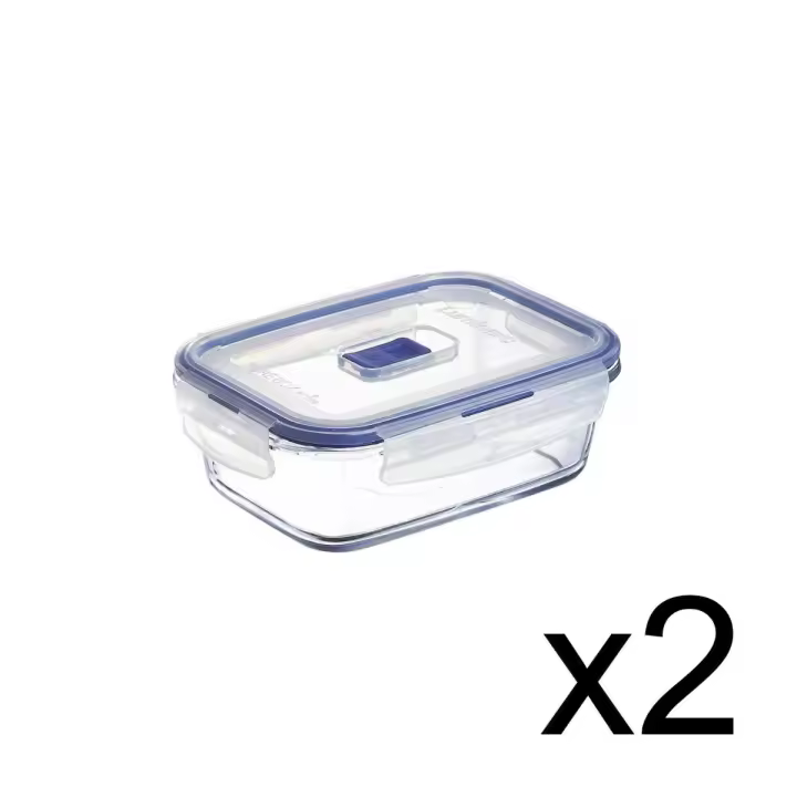 LUMINARC PURE BOX ACTIVE 2 Recipiente Rectangular Hermético Vidri SET 2 PIEZAS 82CL Bicolor Brillo Tapa 4 cierres herméticos 100% con válvula Reciclable - 1