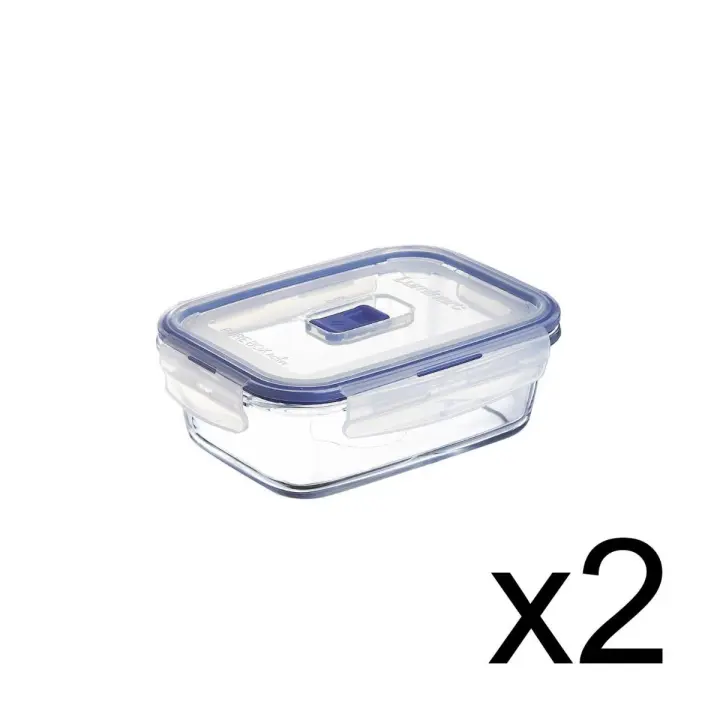 LUMINARC PURE BOX ACTIVE 2 Recipiente Rectangular Hermético Vidri SET 2 PIEZAS 82CL Bicolor Brillo Tapa 4 cierres herméticos 100% con válvula Reciclable - 1