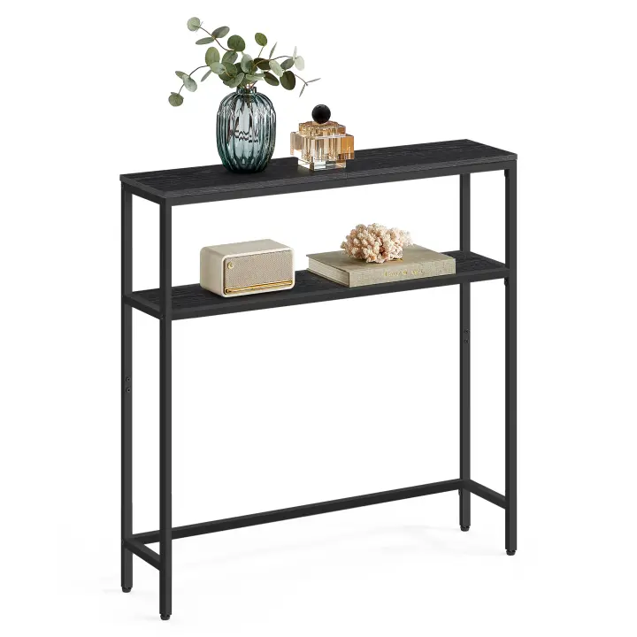 VASAGLE Mesa de Consola, Mesa Auxiliar Estrecha, 20 x 80 x 80 cm, Mesa de Entrada Moderna con 2 Estantes, para Sala de Estar, Dormitorio, Blanco Mármol y Negro Tinta /Gris Carbón y Negro Tinta/Greige Mélange y Negro Tinta/ Marrón Rústico y Negro Tinta - 1
