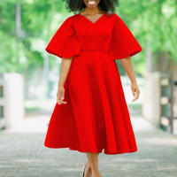 Vestido Elegante Para Mujer Con Cuello En V Manga Flare Cintura Alta Plisada A-Line Largo Medio Luxurioso Para Cumpleaños Y Dinner - details 33