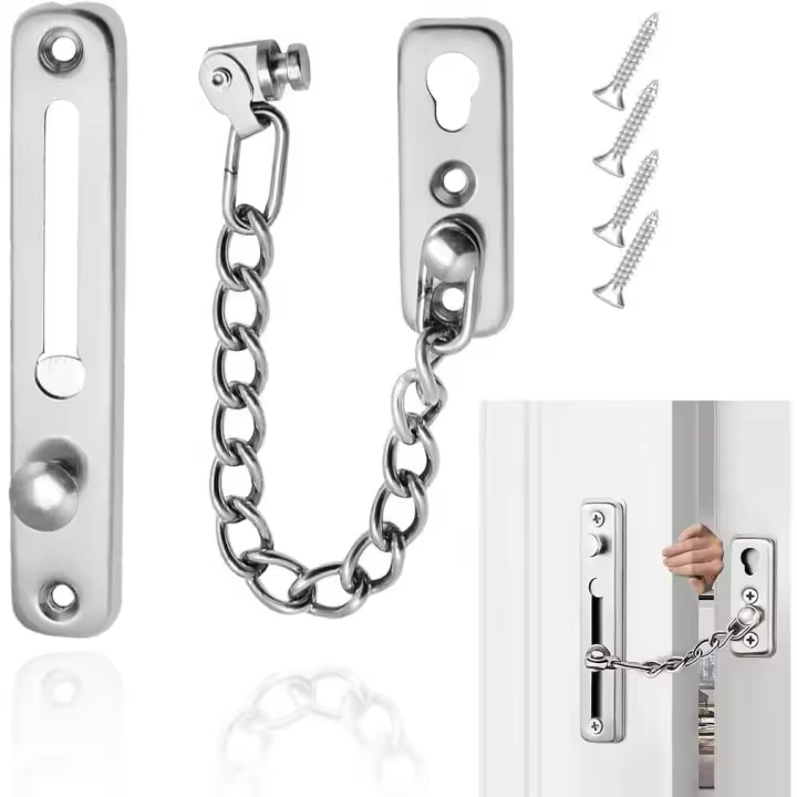 Cadena de seguridad, cerradura de seguridad con cadena para puerta corrediza, riel deslizante con cadena plateada, protección confiable para hoteles y hogares - 1