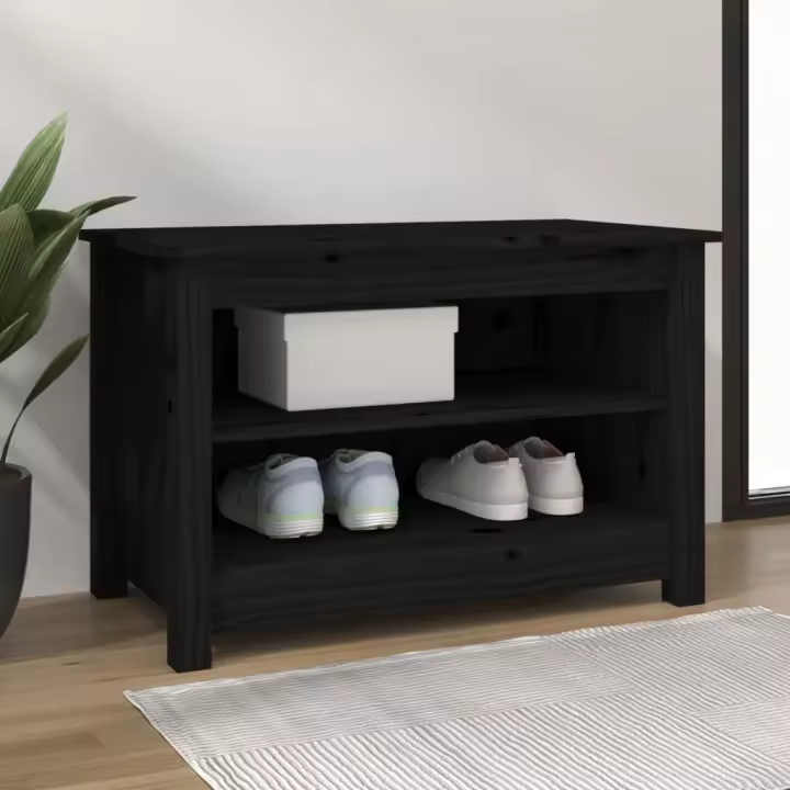 vidaXL Banco zapatero madera de pino maciza negro 70x38x45,5 cm - 1
