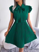 Vestido Elegante De Mujer Con Cintura Alta Y Volantes Para Primavera Y Verano Estilo Casual Collar Con Lazo Cuello Alto Y Mangas Batwing - details 14