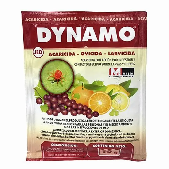 Dynamo Acaricida/ovicida de 10gr que actúa por contacto e ingestión y es ideal contra larvas y huevos de araña roja y amarilla. Altamente eficaz y duradero. Apto para jardinería doméstica - Massó - 1