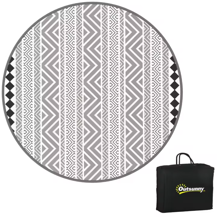 Outsunny Alfombra Redonda para Exterior Alfombra Reversible con Bolsa de Transporte Estera de Plástico Impermeable para Jardín Patio Camping 180cm Gris+Negro - 1