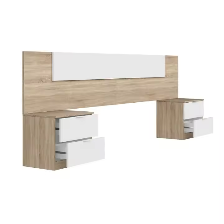 Meimon Conjunto ALAYA: Cabezal para cama de 150 cm en melamina TIPO E1 con acabado en Roble Canadian y Blanco Artik + 2 mesitas de 2 cajones c/u con guías metálicas, tiradores aluminio lacado, tacos ABS - 1