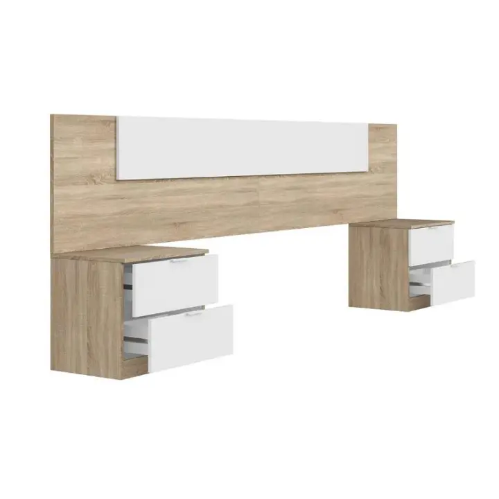 Meimon Conjunto ALAYA: Cabezal para cama de 150 cm en melamina TIPO E1 con acabado en Roble Canadian y Blanco Artik + 2 mesitas de 2 cajones c/u con guías metálicas, tiradores aluminio lacado, tacos ABS - 1