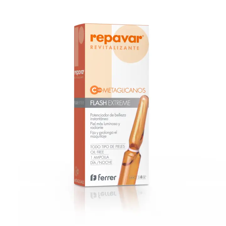 Repavar Revitalizante Sérum Metaglicanos Flash Extreme - Efecto Tensor Inmediato - Elaborado con Vitamina C - Piel más Luminosa y Radiante - Fija el Maquillaje - 1 Ampolla - 1