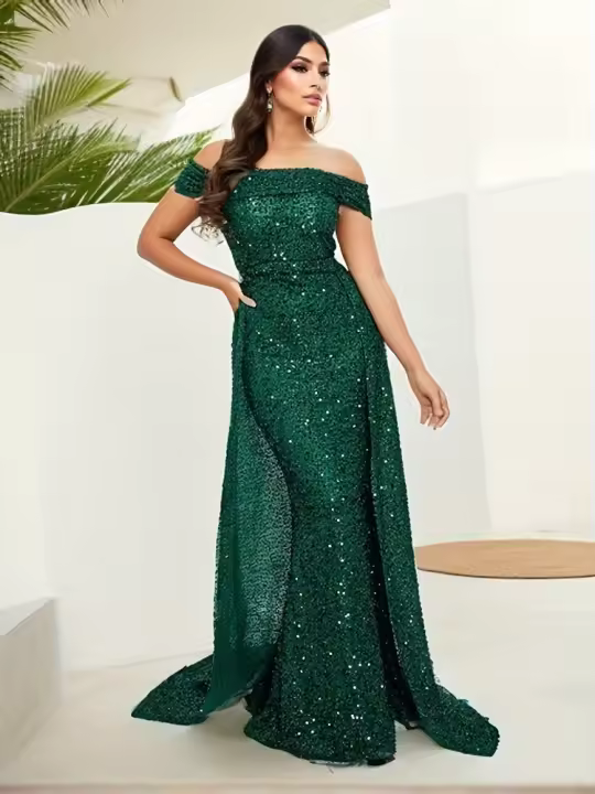 Vestido De Noche Romagic Azul Oscuro Con Cuello Abierto Y Cola Desmontable Vestido De Fiesta De Invierno Mermaid Con Lentejuelas Para Mujer - 1