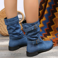 Botas De Motociclista Retro Para Mujer Talla Grande Punk Cowboy Con Hebilla Casual Moda Botas Hasta La Rodilla Material Denim Y Caña De Bote De Lona - details 6