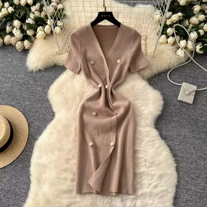 Vestido Tejido REALEFT 2025 Para Mujer Verano Cuello En V Corto Manga Metálico Botones Cintura Alta A-Line Longitud Media - 1