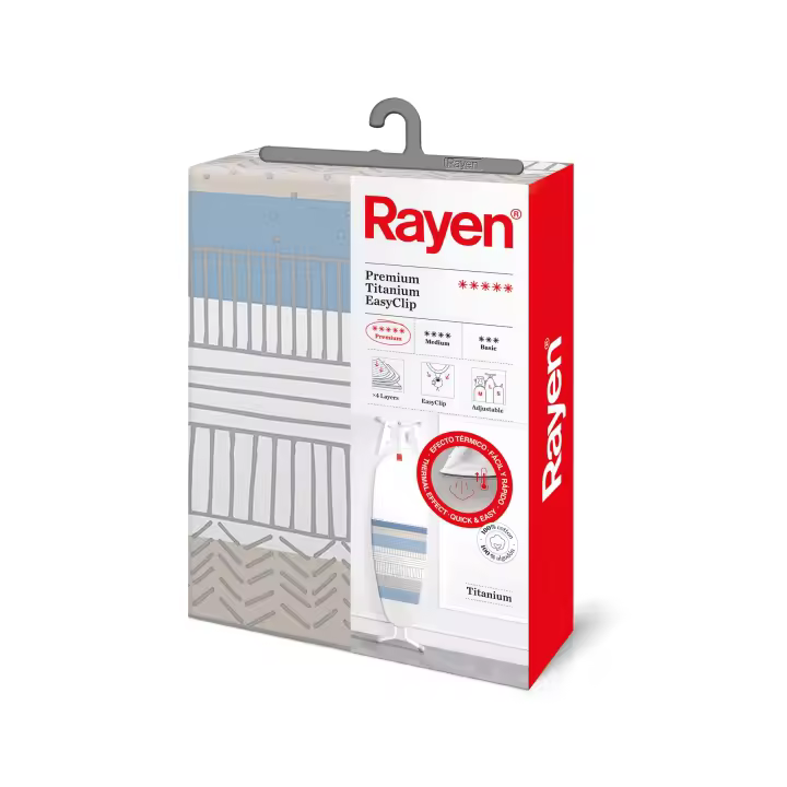 Rayen | Funda Tabla de Planchar Universal | Funda de Planchar Ajuste EasyClip | 4 capas: Espuma, Muletón, tejido 100% Algodón, Calidad Titanium | Gama Premium | Medida: 130x47 cm | Estampado - 1