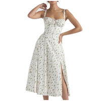 Vestido De Playa Para Mujer Con Estampado Floral Cuello Cuadrado Ajuste Frontal Y Abertura En Pierna Midi Polyester Sin Mangas Vestido De Noche - details 7