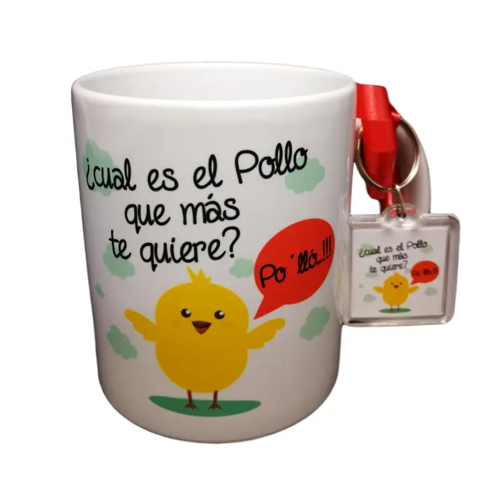 Taza Y Llavero con Frase " Cual es el Pollo que Más Te Quiere? PO LLÓ ". Taza Original, Regalo DE Amor ROMANTICO - 1