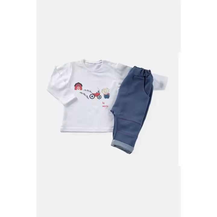 Conjunto: Jersey de Algodón elástico de manga largo y de tejido Denim Pantalón elástico de entrepieza Baja con bolsos, Cortes y Perfiles contrastantes - 1